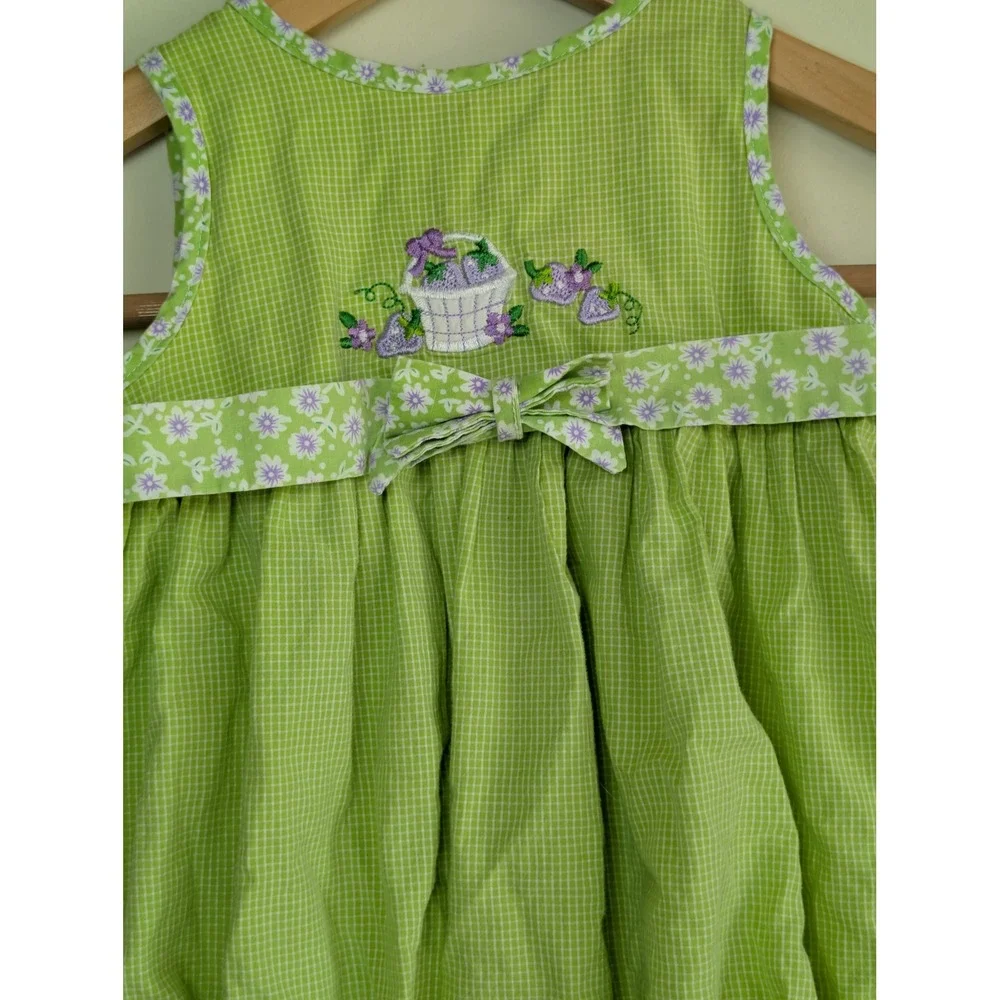 PA Kids‎ Vintage Bubble Romper Baby Girls 24M Green Gingham Berry Embroidery 90s